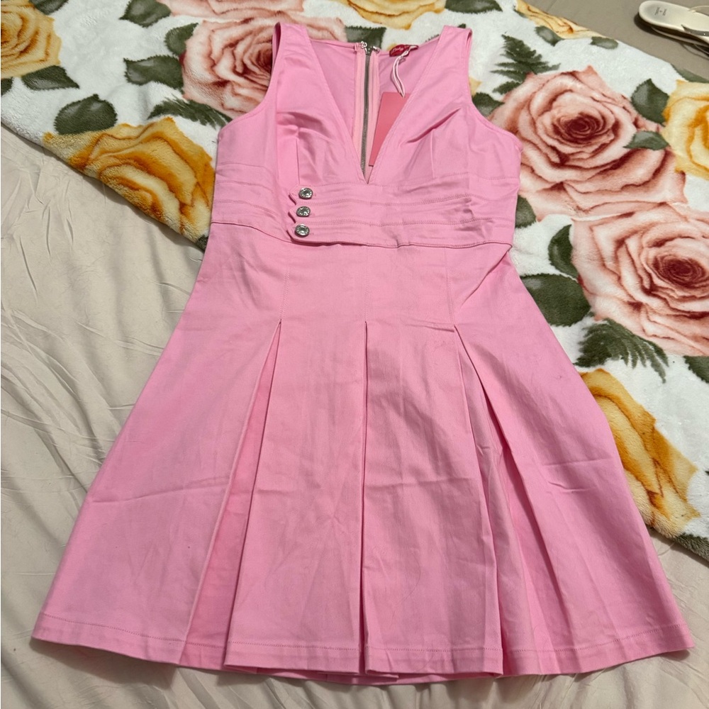 Pink Sleeveless A-Line Dress with Front Button Detail